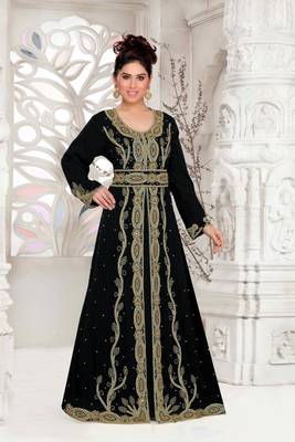 Black color Full Sleeves Handmade Moroccan Kaftan with hijjab 1