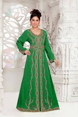 Dark-Green color Full Sleeves Handmade Moroccan Kaftan  with hijjab 1