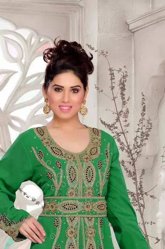 Dark-Green color Full Sleeves Handmade Moroccan Kaftan  with hijjab