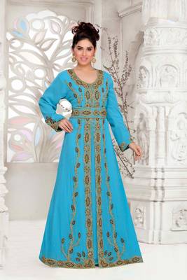 Cyan color Full Sleeves Handmade Moroccan Kaftan with hijjab 1