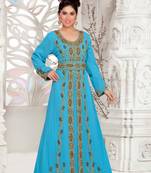 Cyan color luxurious Full Sleeves Handmade Moroccan Kaftan with hijjab