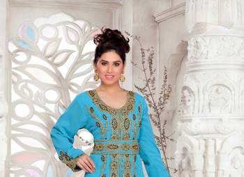 Cyan color Full Sleeves Handmade Moroccan Kaftan with hijjab 2