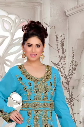 Cyan color Full Sleeves Handmade Moroccan Kaftan with hijjab