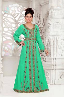 Sea-Green color Full Sleeves Handmade Moroccan Kaftan with hijjab 1