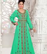 Sea-Green color luxurious Full Sleeves Handmade Moroccan Kaftan with hijjab