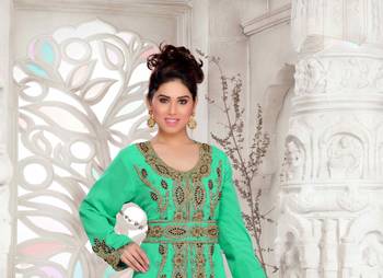 Sea-Green color Full Sleeves Handmade Moroccan Kaftan with hijjab 2
