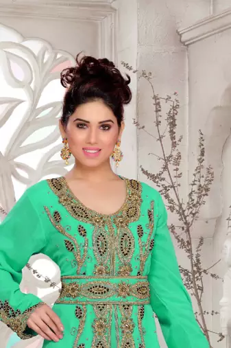 Sea-Green color Full Sleeves Handmade Moroccan Kaftan with hijjab
