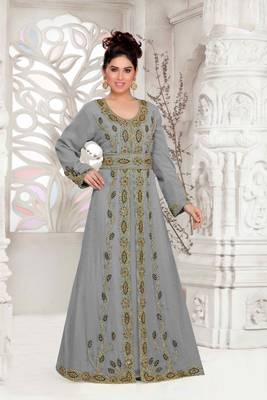 Grey color Full Sleeves Handmade Moroccan Kaftan with hijjab 1