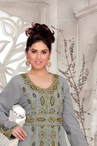 Grey color Full Sleeves Handmade Moroccan Kaftan with hijjab