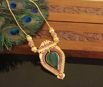 Kerala traditional gold plated palakka ruby peacock necklace 1