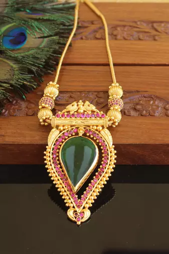 Kerala traditional gold plated palakka ruby peacock necklace