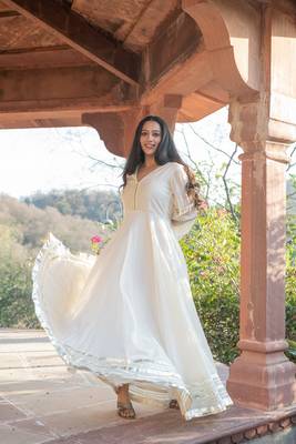 BEIGE CHANDERI GOTA GOWN DRESS 1