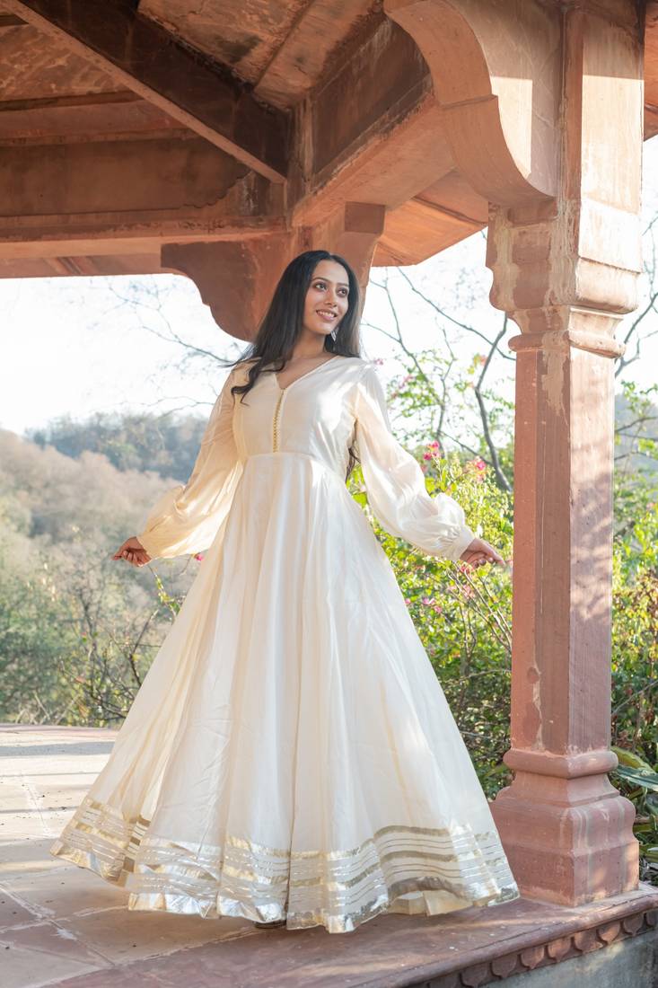 BEIGE CHANDERI GOTA GOWN DRESS