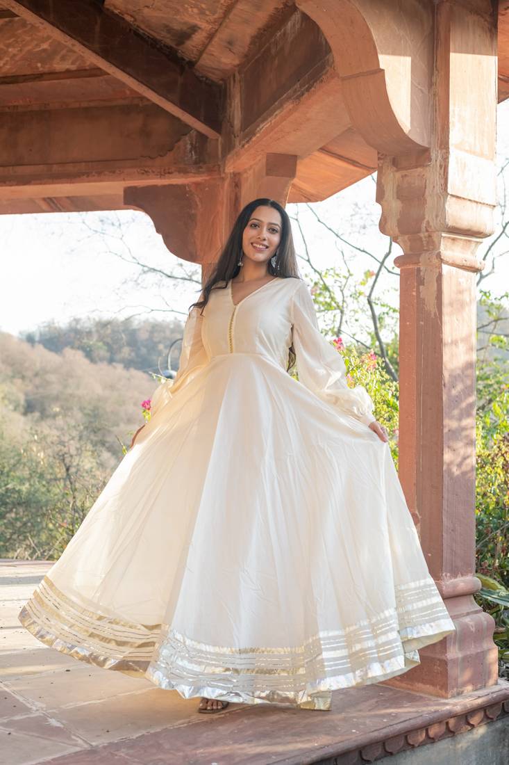 BEIGE CHANDERI GOTA GOWN DRESS