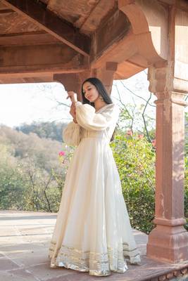 BEIGE CHANDERI GOTA GOWN DRESS 4