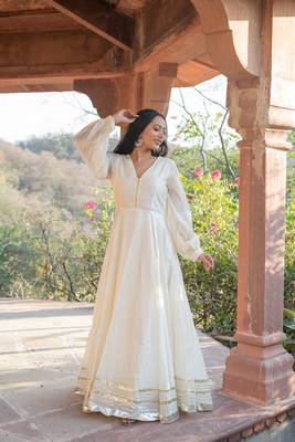 BEIGE CHANDERI GOTA GOWN DRESS 5