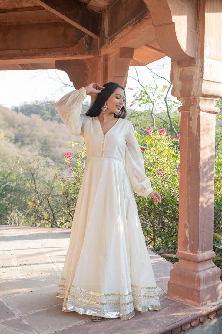 BEIGE CHANDERI GOTA GOWN DRESS