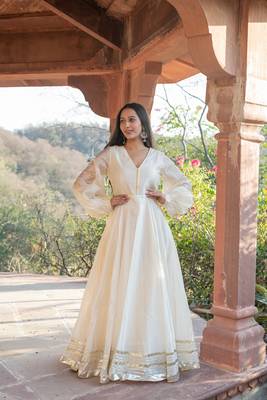 BEIGE CHANDERI GOTA GOWN DRESS 6