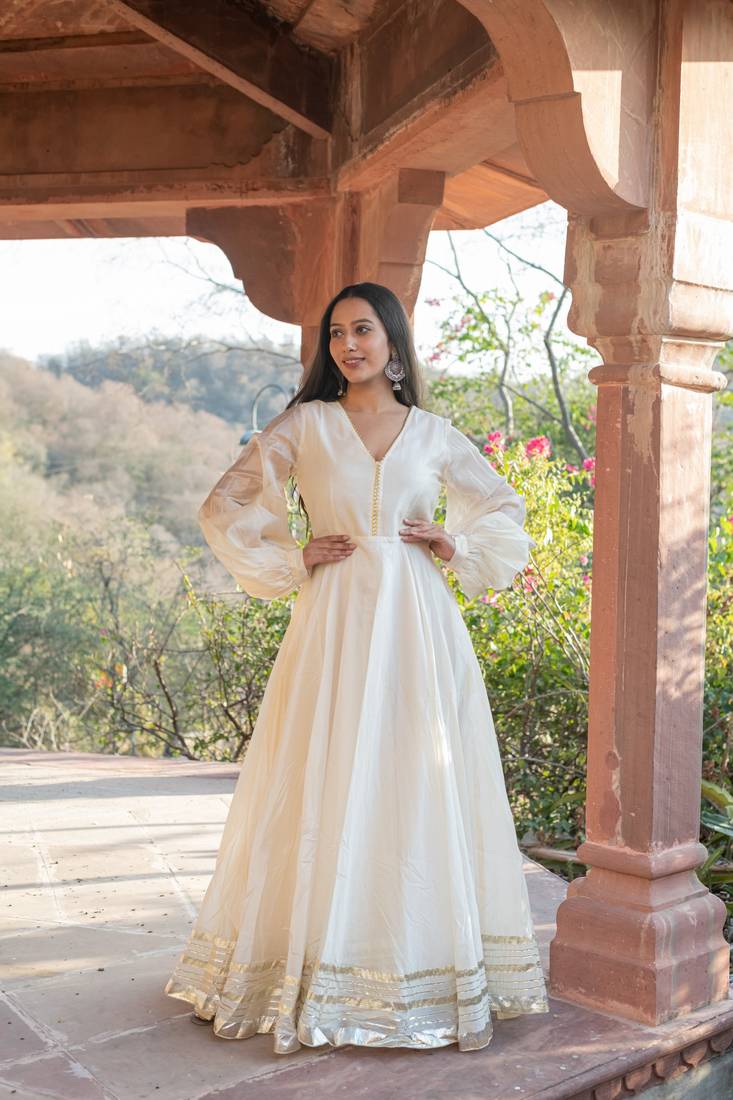 BEIGE CHANDERI GOTA GOWN DRESS