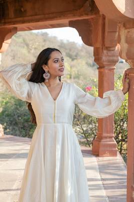BEIGE CHANDERI GOTA GOWN DRESS 7