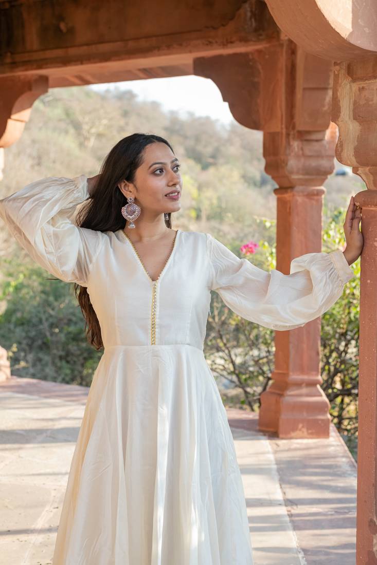 BEIGE CHANDERI GOTA GOWN DRESS