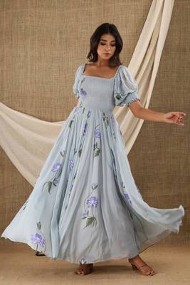 GREY HAND PAINT CHIFFON GOWN DRESS 1