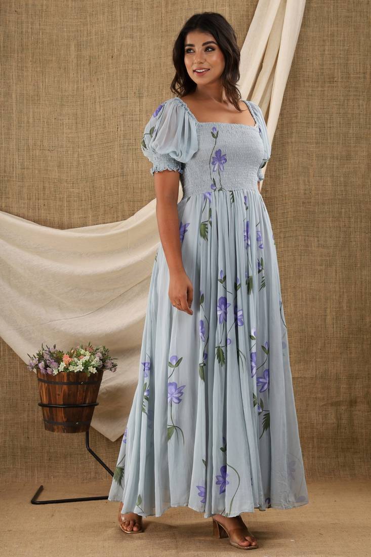 GREY HAND PAINT CHIFFON GOWN DRESS