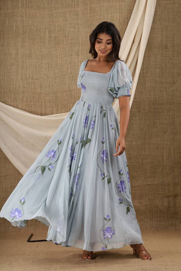 GREY HAND PAINT CHIFFON GOWN DRESS
