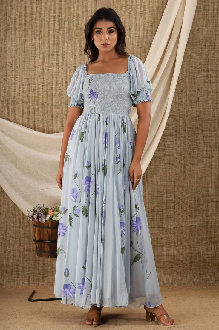 GREY HAND PAINT CHIFFON GOWN DRESS