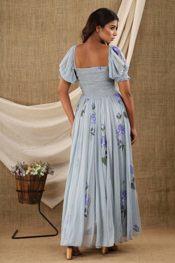 GREY HAND PAINT CHIFFON GOWN DRESS