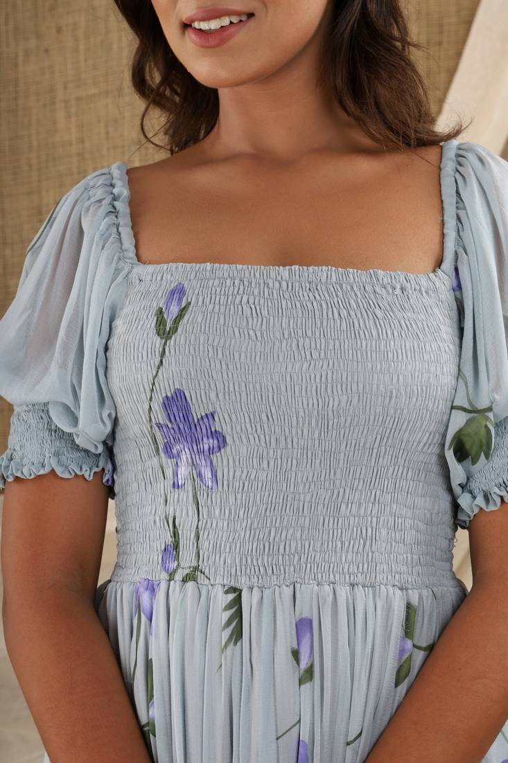 GREY HAND PAINT CHIFFON GOWN DRESS