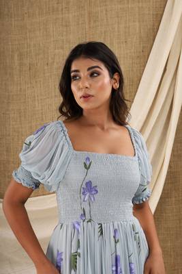 GREY HAND PAINT CHIFFON GOWN DRESS 7