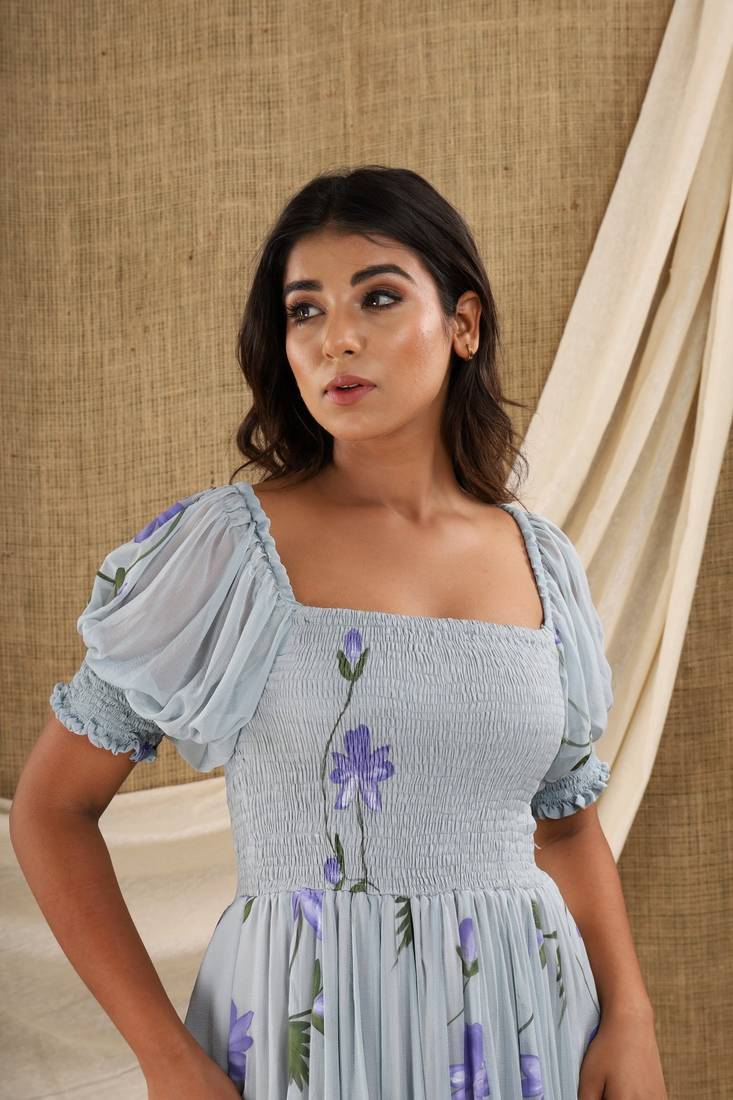 GREY HAND PAINT CHIFFON GOWN DRESS