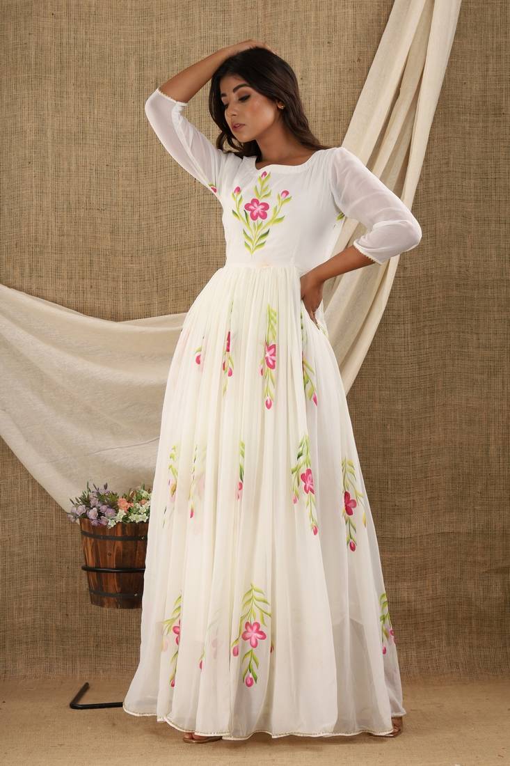 WHITE HAND PAINT CHIFFON GOWN DRESS