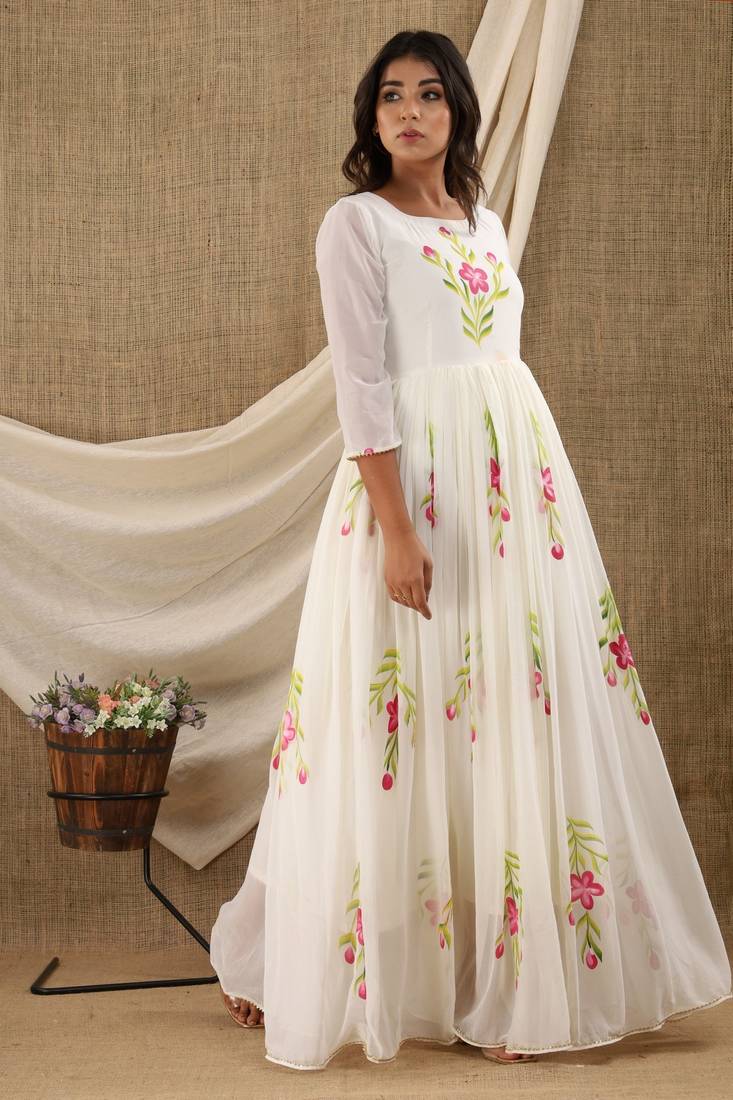 WHITE HAND PAINT CHIFFON GOWN DRESS