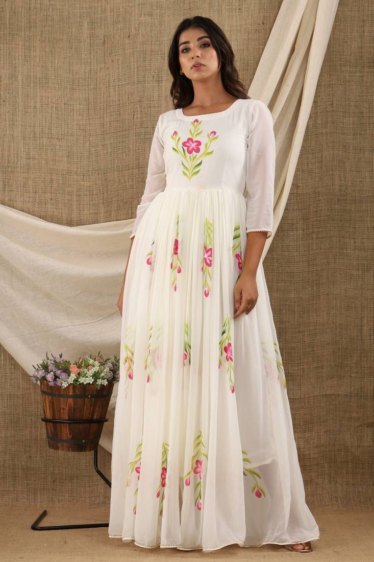WHITE HAND PAINT CHIFFON GOWN DRESS