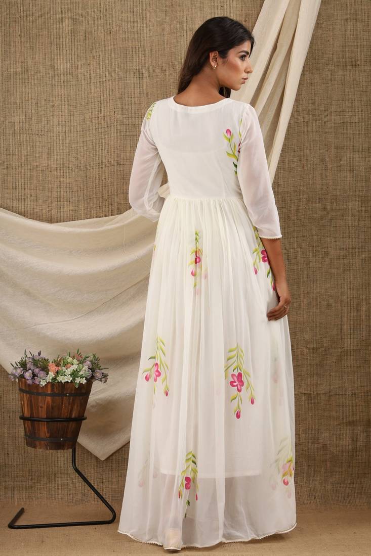 WHITE HAND PAINT CHIFFON GOWN DRESS