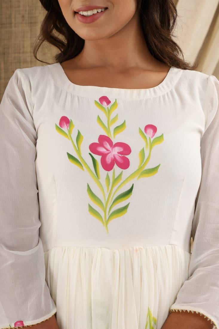 WHITE HAND PAINT CHIFFON GOWN DRESS