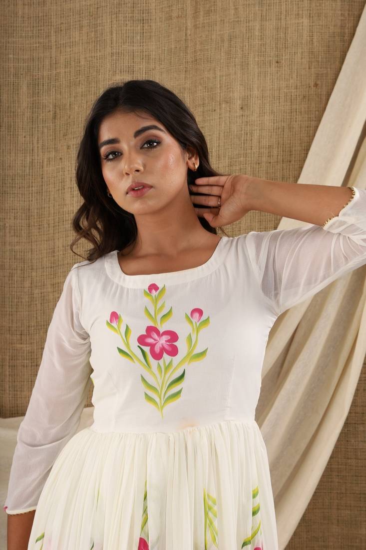 WHITE HAND PAINT CHIFFON GOWN DRESS