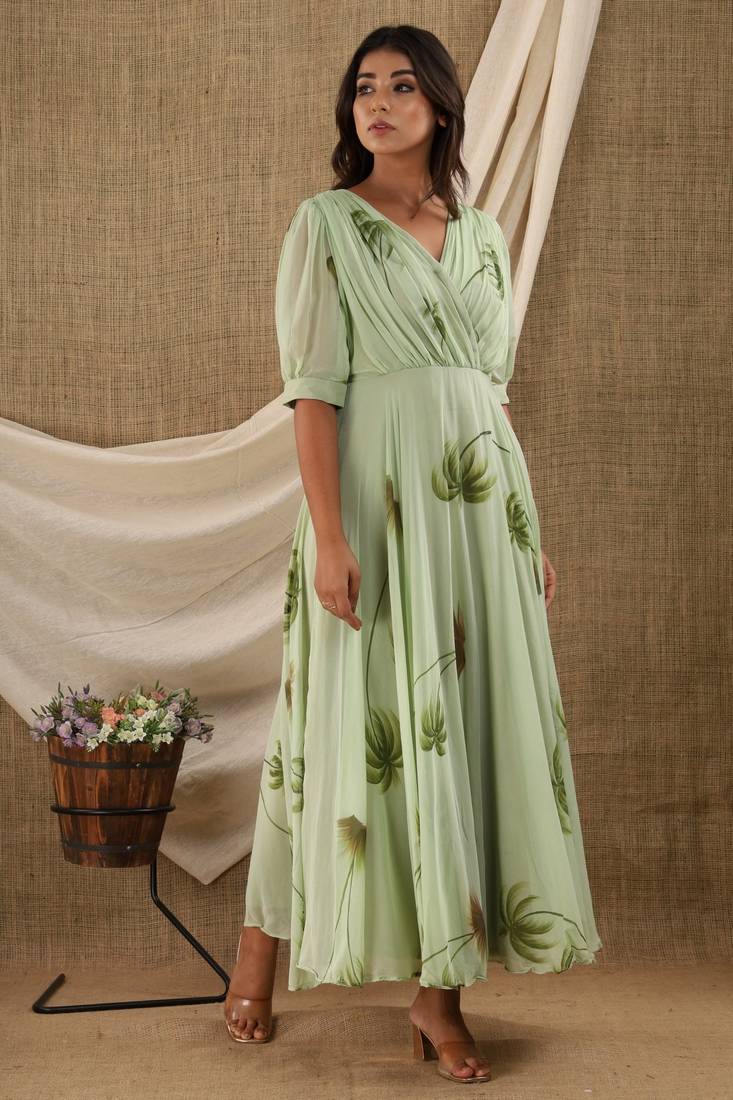 OLIVE HAND PAINT CHIFFON GOWN DRESS