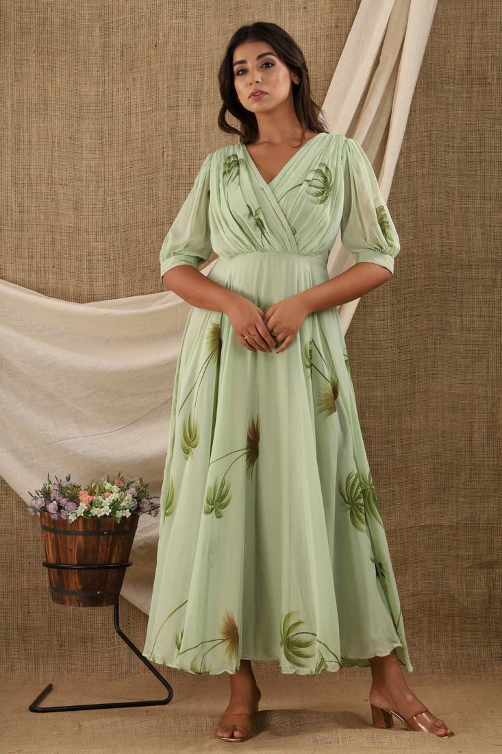 OLIVE HAND PAINT CHIFFON GOWN DRESS