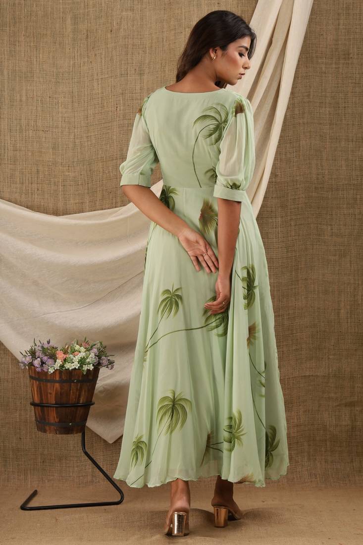 OLIVE HAND PAINT CHIFFON GOWN DRESS