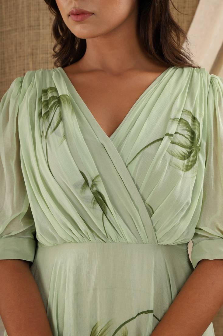 OLIVE HAND PAINT CHIFFON GOWN DRESS