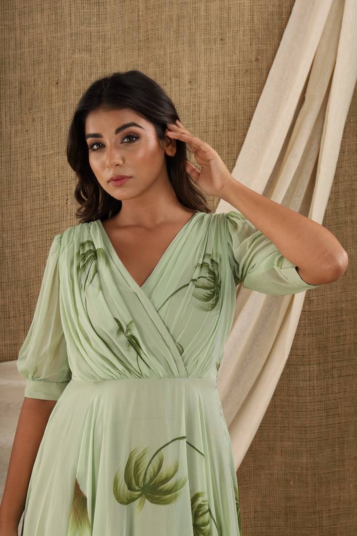 OLIVE HAND PAINT CHIFFON GOWN DRESS