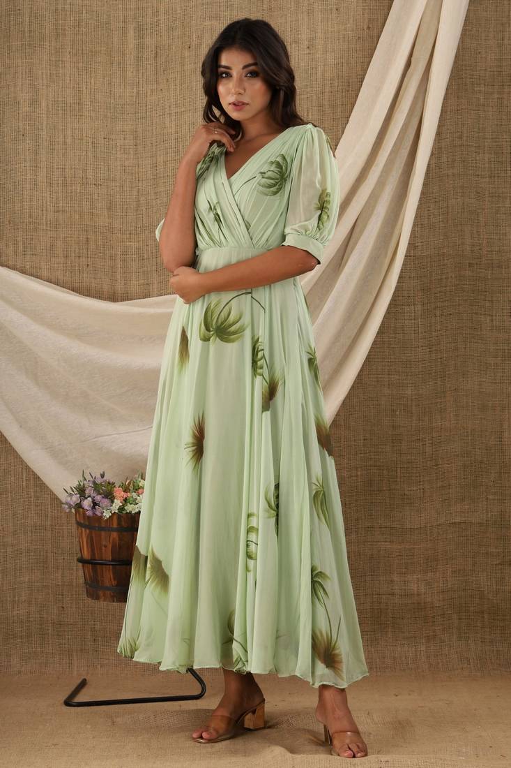 OLIVE HAND PAINT CHIFFON GOWN DRESS