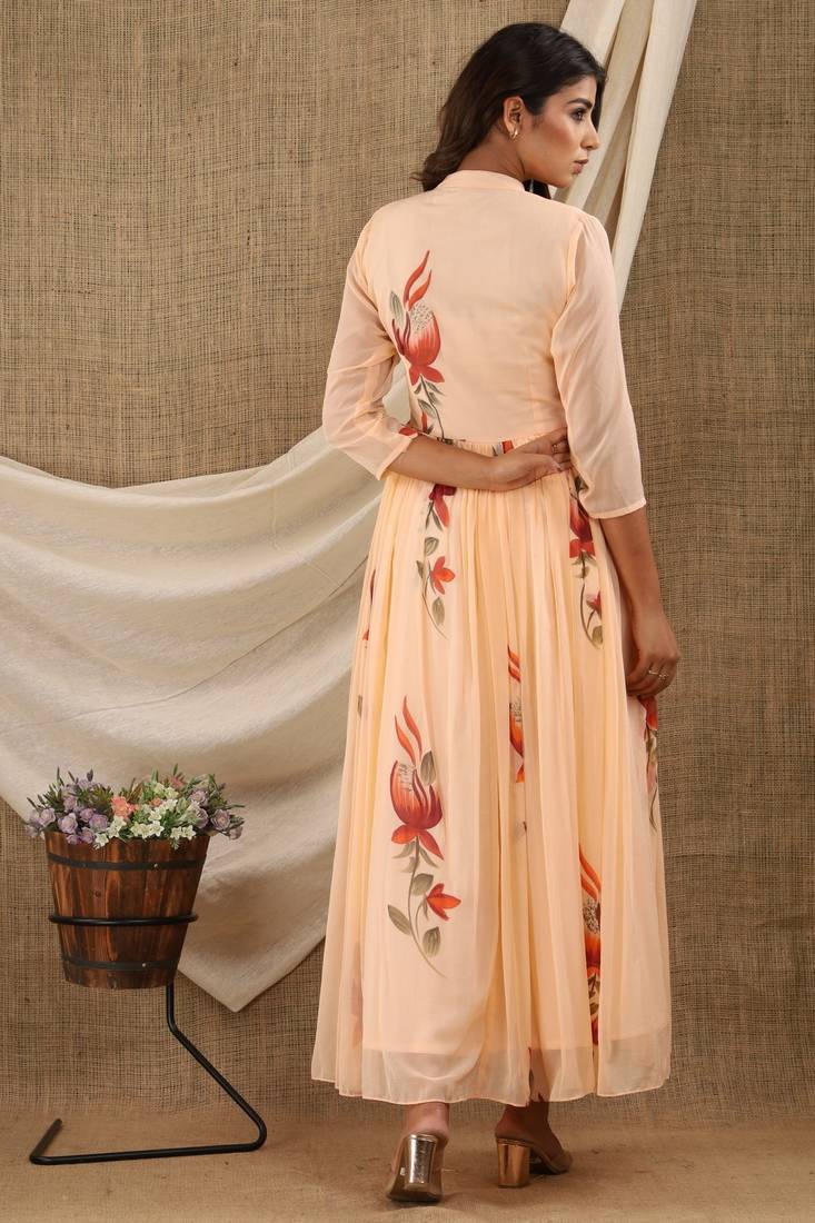 PEACH HAND PAINT CHIFFON GOWN DRESS
