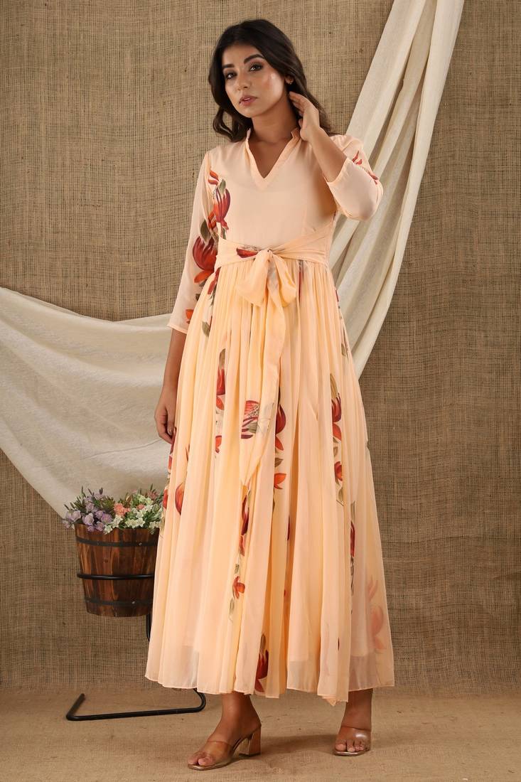 PEACH HAND PAINT CHIFFON GOWN DRESS