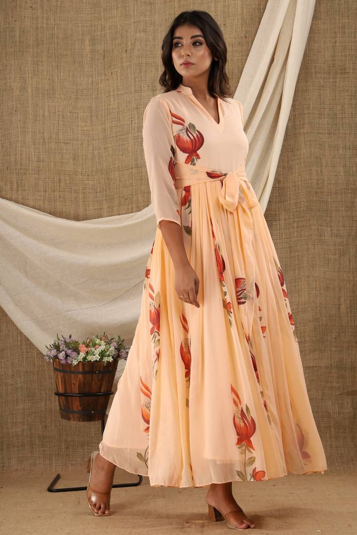 PEACH HAND PAINT CHIFFON GOWN DRESS