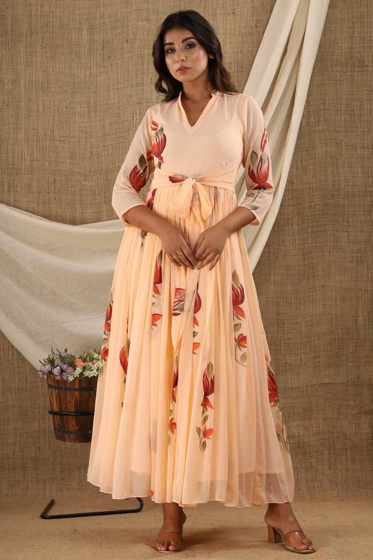 PEACH HAND PAINT CHIFFON GOWN DRESS