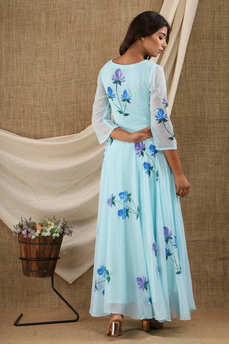 SKYBLUE HAND PAINT CHIFFON GOWN DRESS